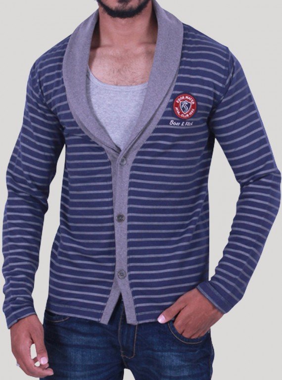 Navy Stripped Shawl Collar Cardigan Set