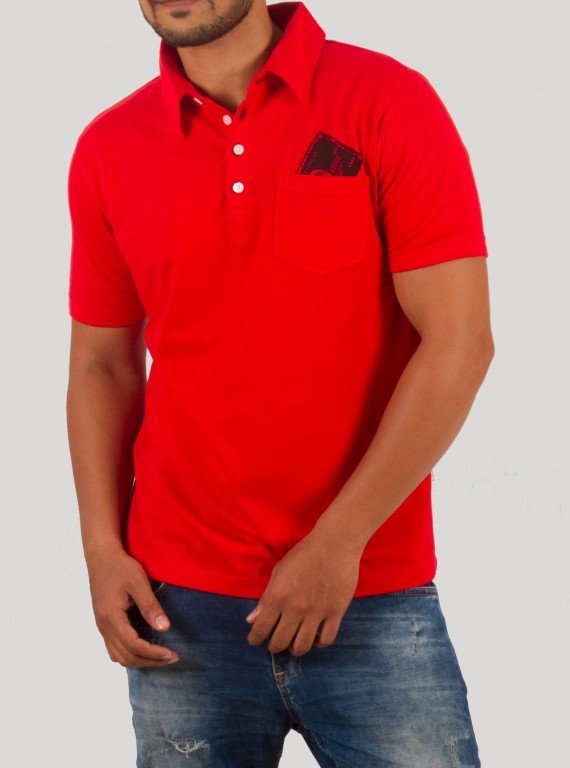Printed Red Self Collar Polo TShirt