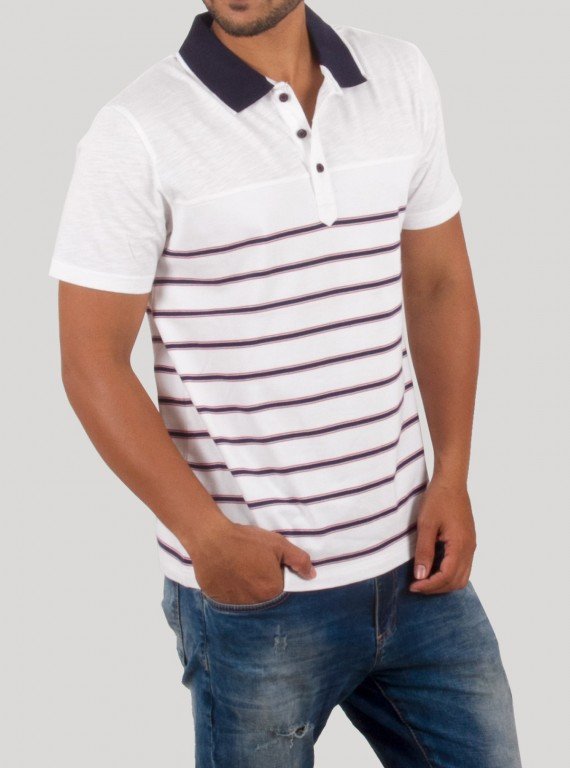 White Polo with Blue Stripe TShirt