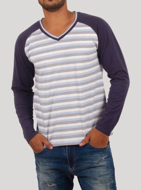 Blue Stripped Raglon Contrast TShirt