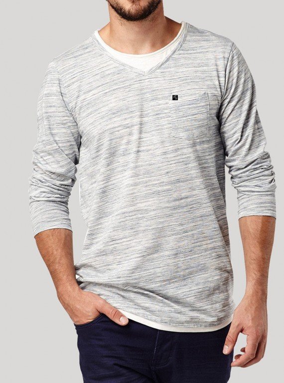 Fancy V Neck Slub Jersey Long Sleeve TShirt