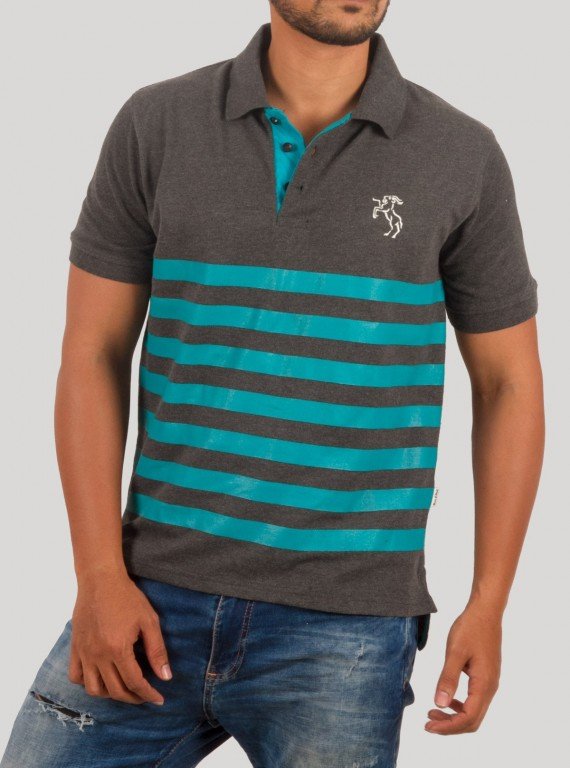 Dark Melange Turquise Printed Polo Tshirt